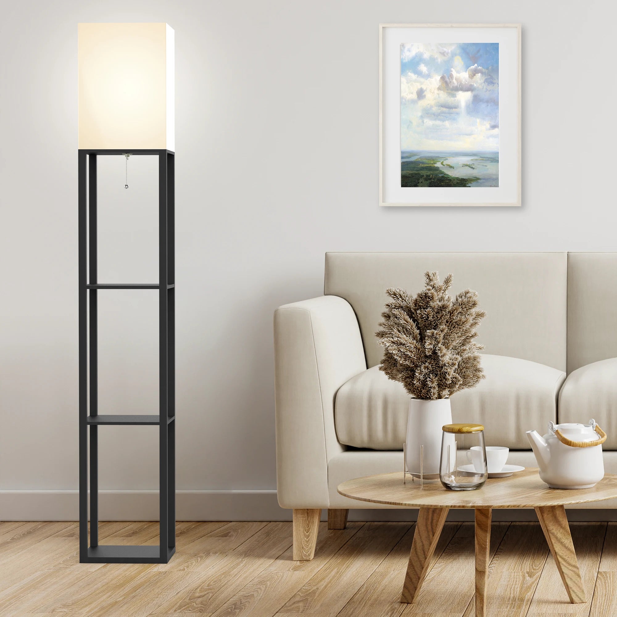 Real Wood Column Floor Lamp with Shelves