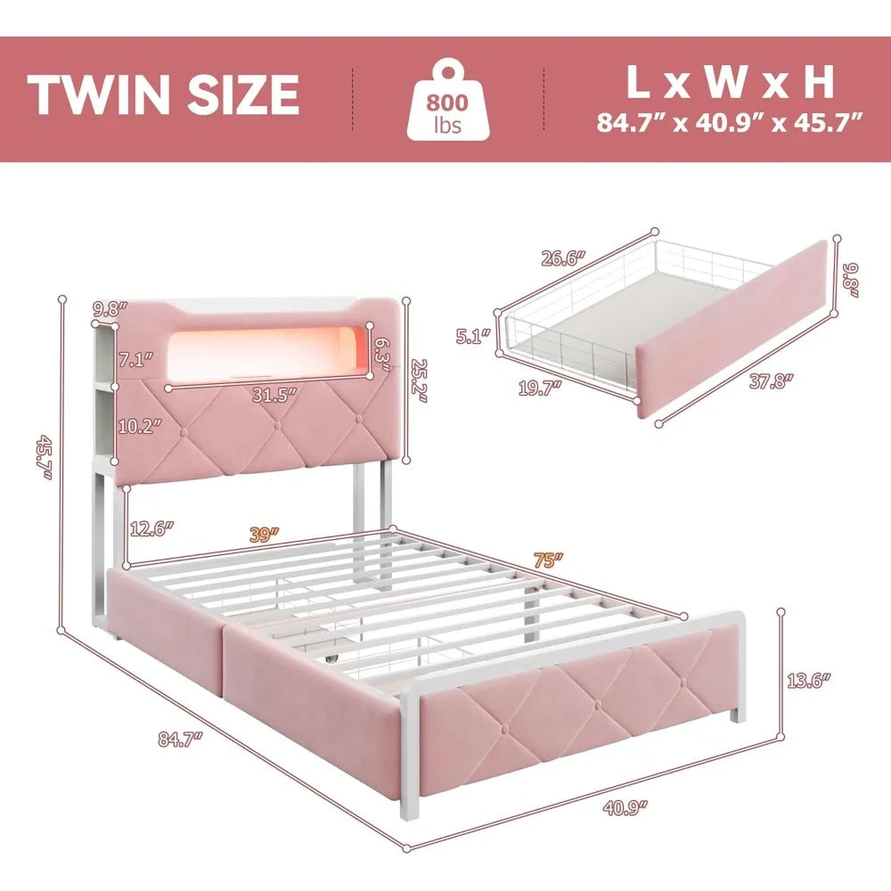 LED Twin Size Bed Frame w/2 Storage Drawers & 2-Tier Storage Bookcase Headboard