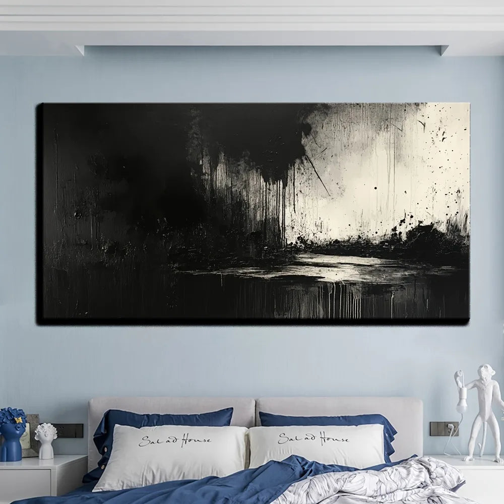 Large Black and Grey Abstract Canvas Wall Art w/pine solid wood frame