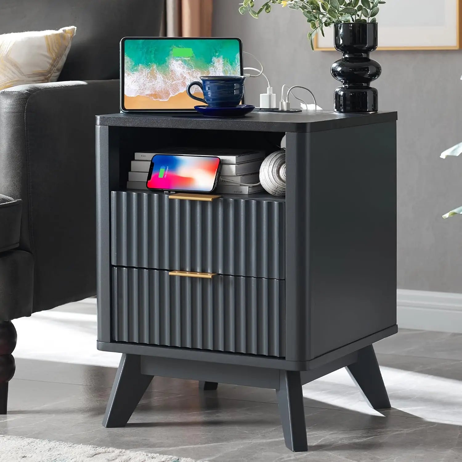 Fluted Nightstand with Charging Station