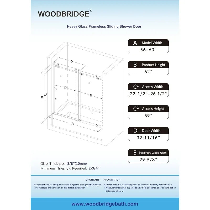 Frameless Shower Door 56-60" W x 62" H