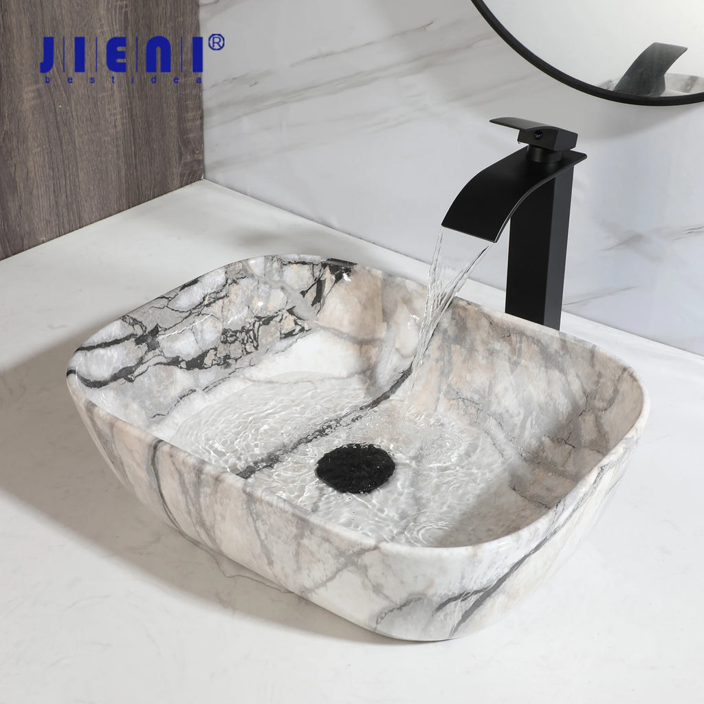 Imitation Marble Style Sink Set Ceramic Basin w/Black Sink Faucets