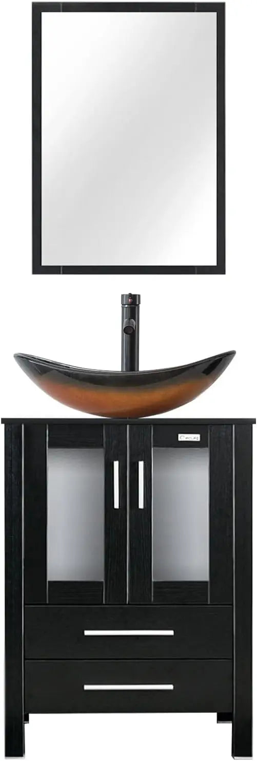 Vanity Sink Combo Black Stand Cabinet with Blue Boat Tempered Glass Vessel Sink w/Faucet