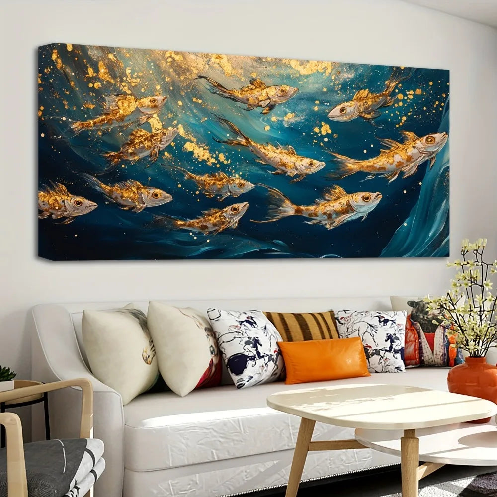 Goldfish Dancing in Blue Ocean Art Painting w/1.5 inch thick pine wood frame