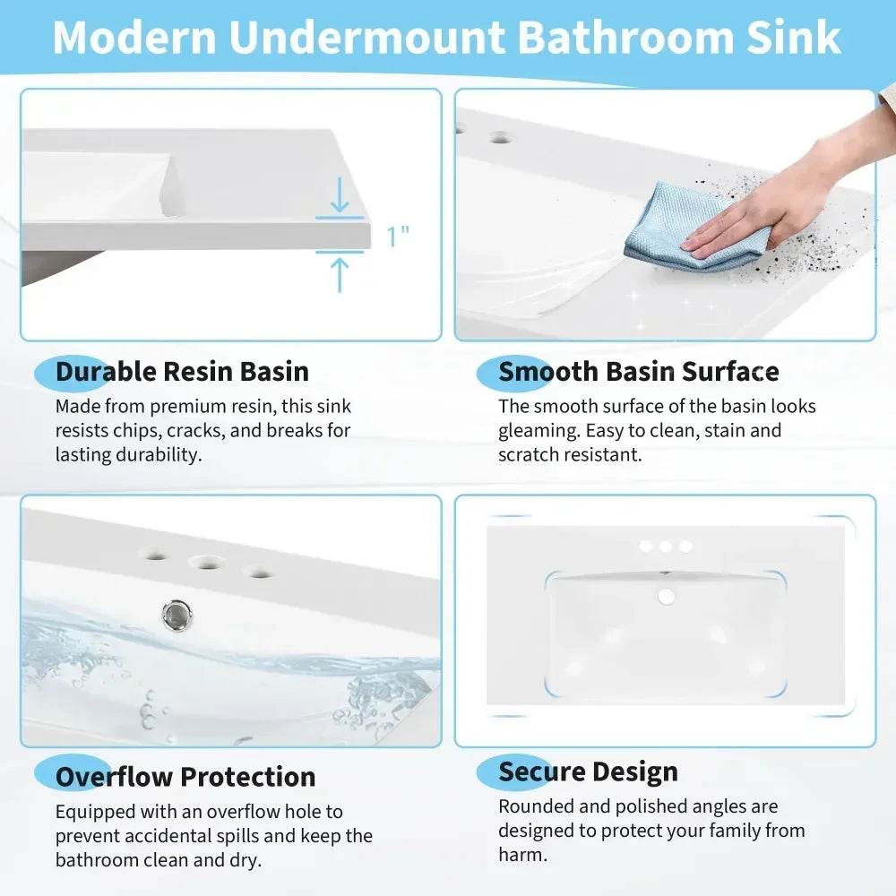 Rectangular 1-3 Hole Bathroom Resin Sink [Sink Only] 36x18"