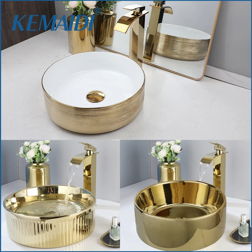 Gold Round Vessel Sink with Faucet (13.6x11.6”)
