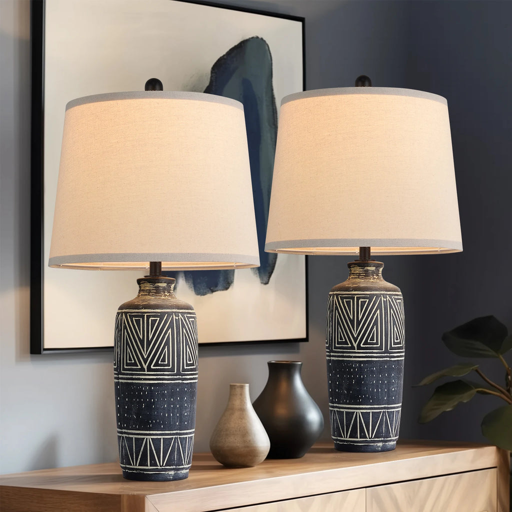 Carved Geometric Ceramic Table Lamp With Linen Shade with Rustic Accent