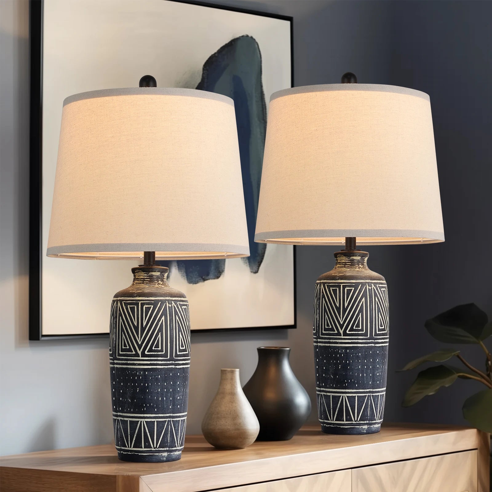 Carved Geometric Ceramic Table Lamp With Linen Shade with Rustic Accent