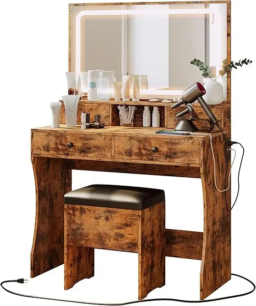 LED Lighted Mirror Makeup Vanity Table with 4 Drawers and Storage Bench
