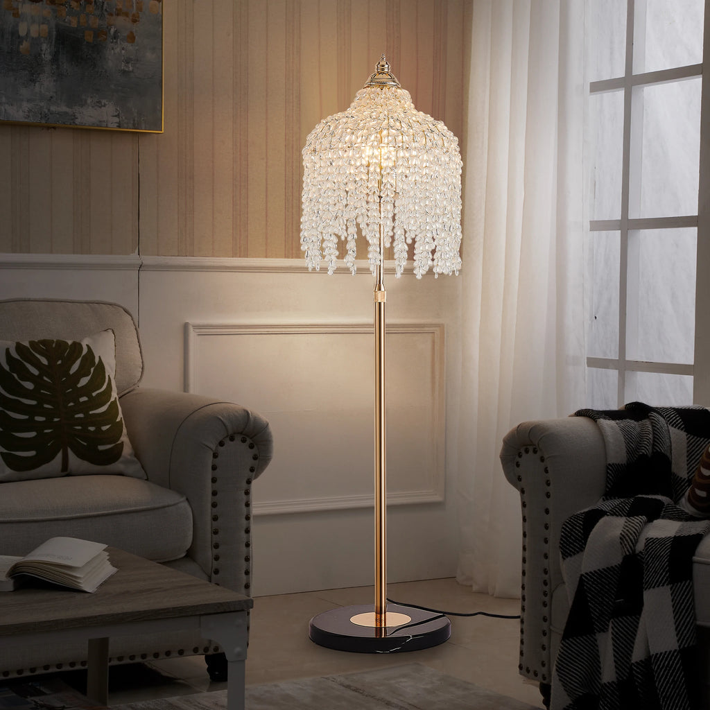 Light Gold Crystal Floor Lamp with Grape Shaped Crystal Bead String