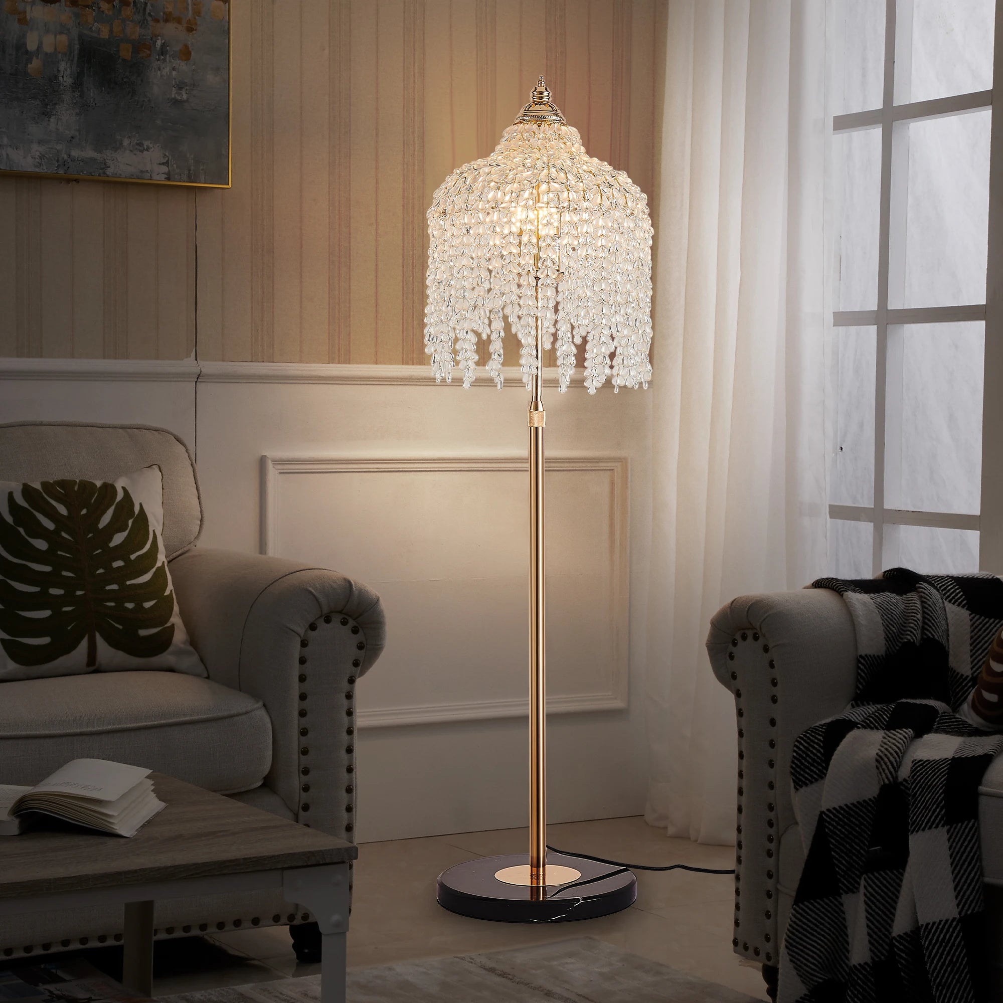Light Gold Crystal Floor Lamp with Grape Shaped Crystal Bead String