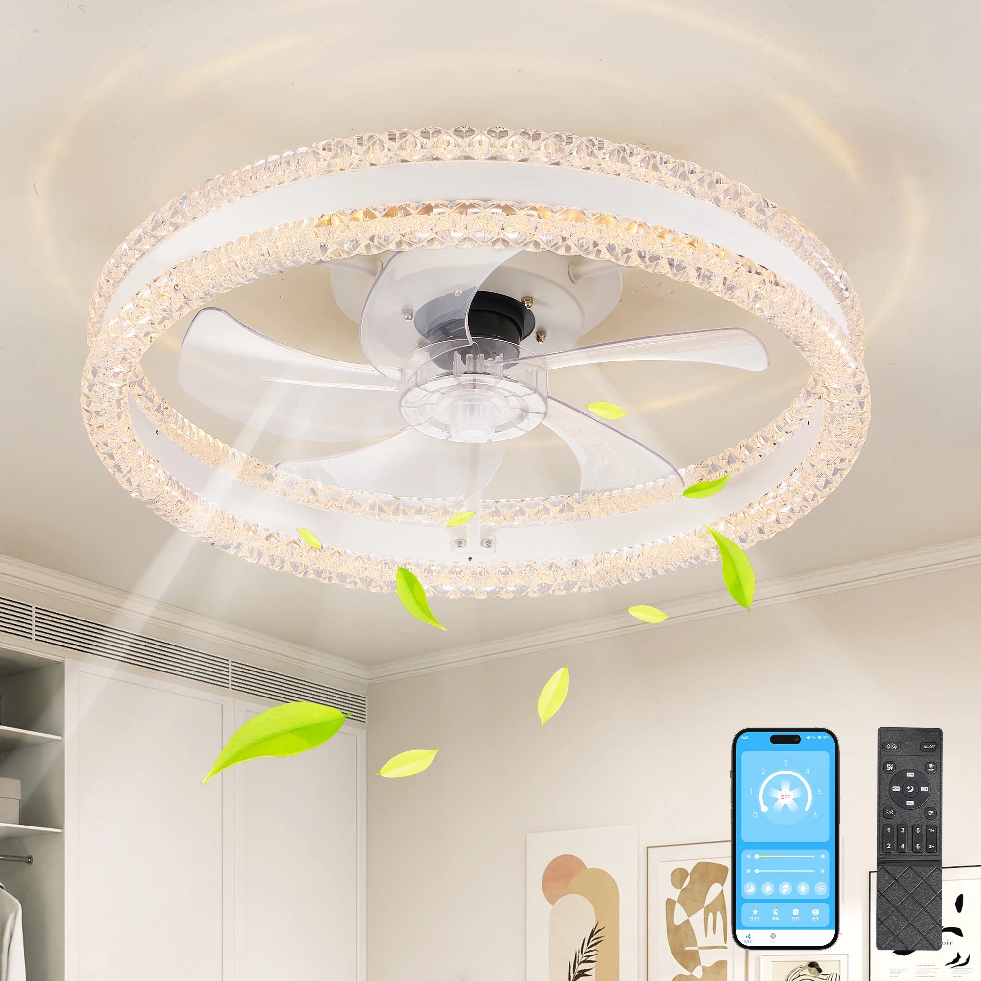 20" Luxury Double Ring LED Ceiling Fan with Light