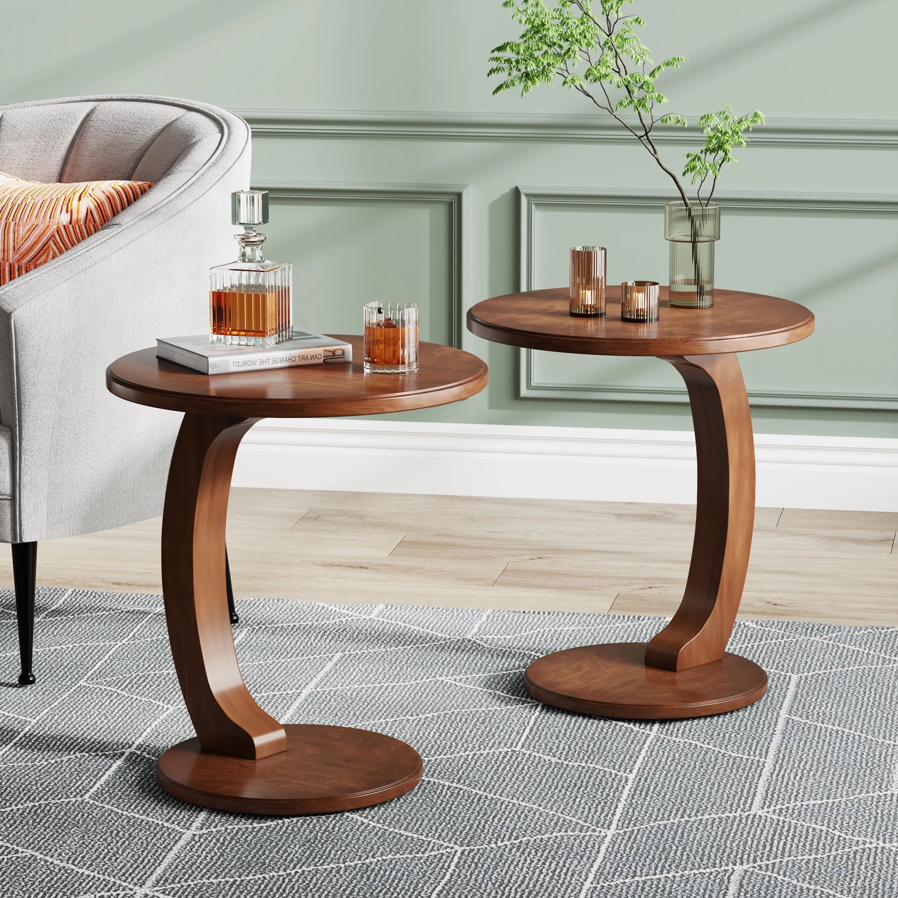 Round End Table, Wood C-Shaped Side Table