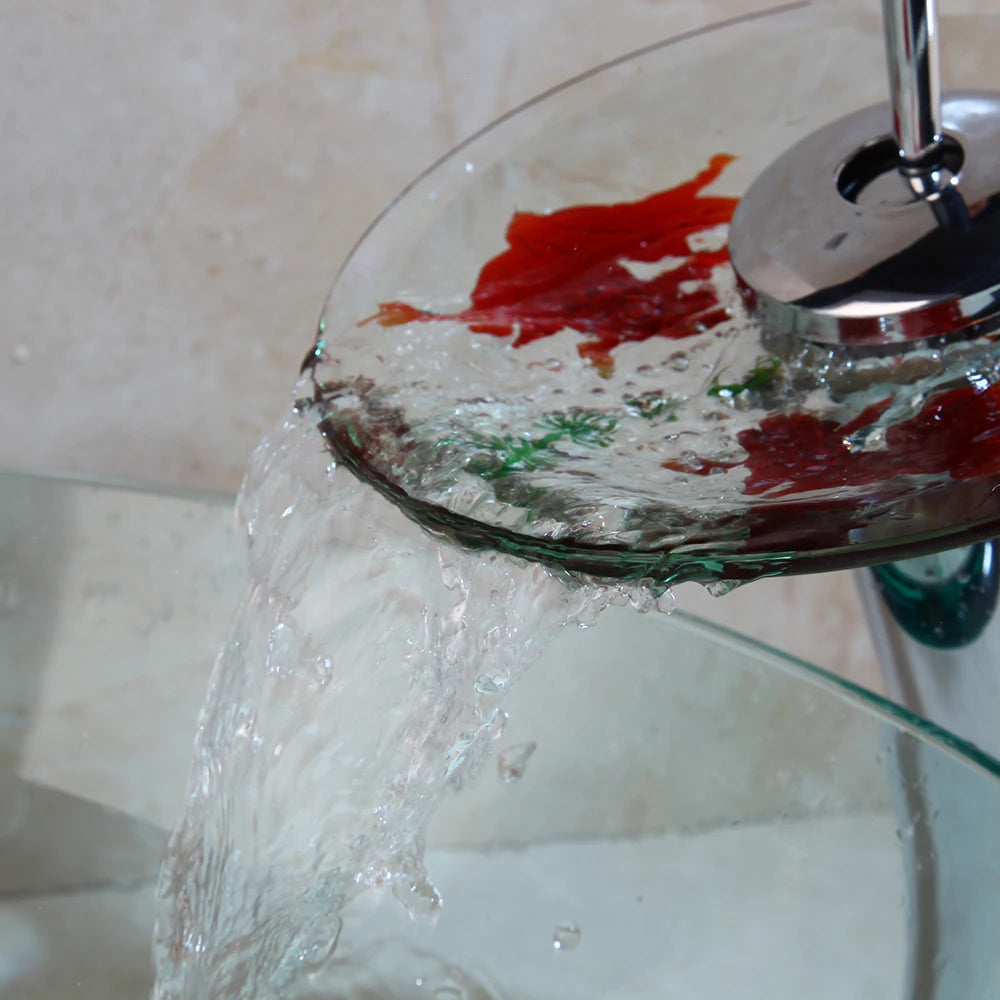 Tempered Glass Bathroom Basin Sink Faucet Combo w/Goldfish Pattern