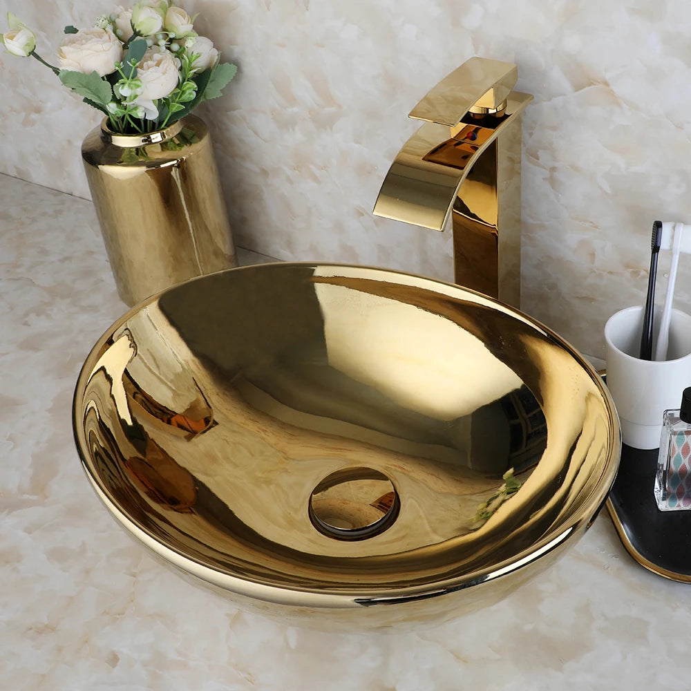 Gold Bathroom Ceramic Sink Bowl With Faucet