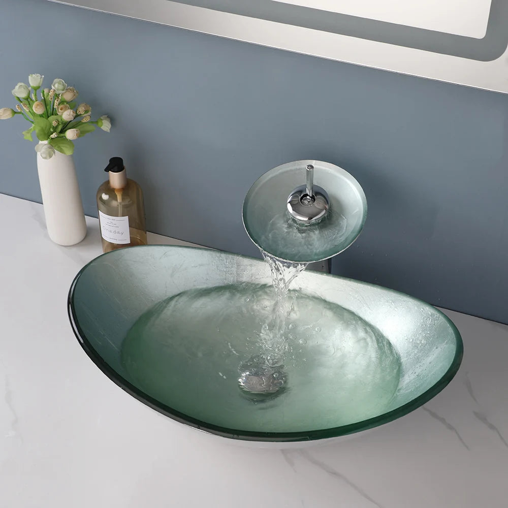 Tempered Glass Washbasin with Waterfall Faucet Mixer