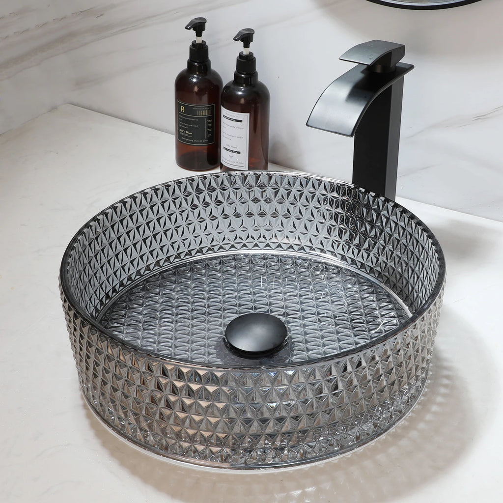 Crystal Grey Tempered Glass Basin Bowl with Faucet