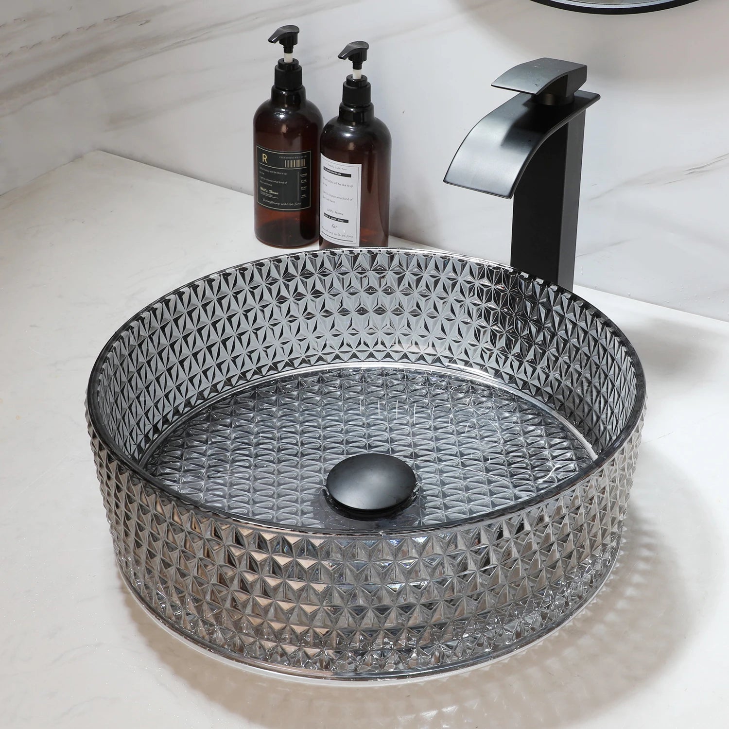 Crystal Grey Tempered Glass Basin Bowl with Faucet