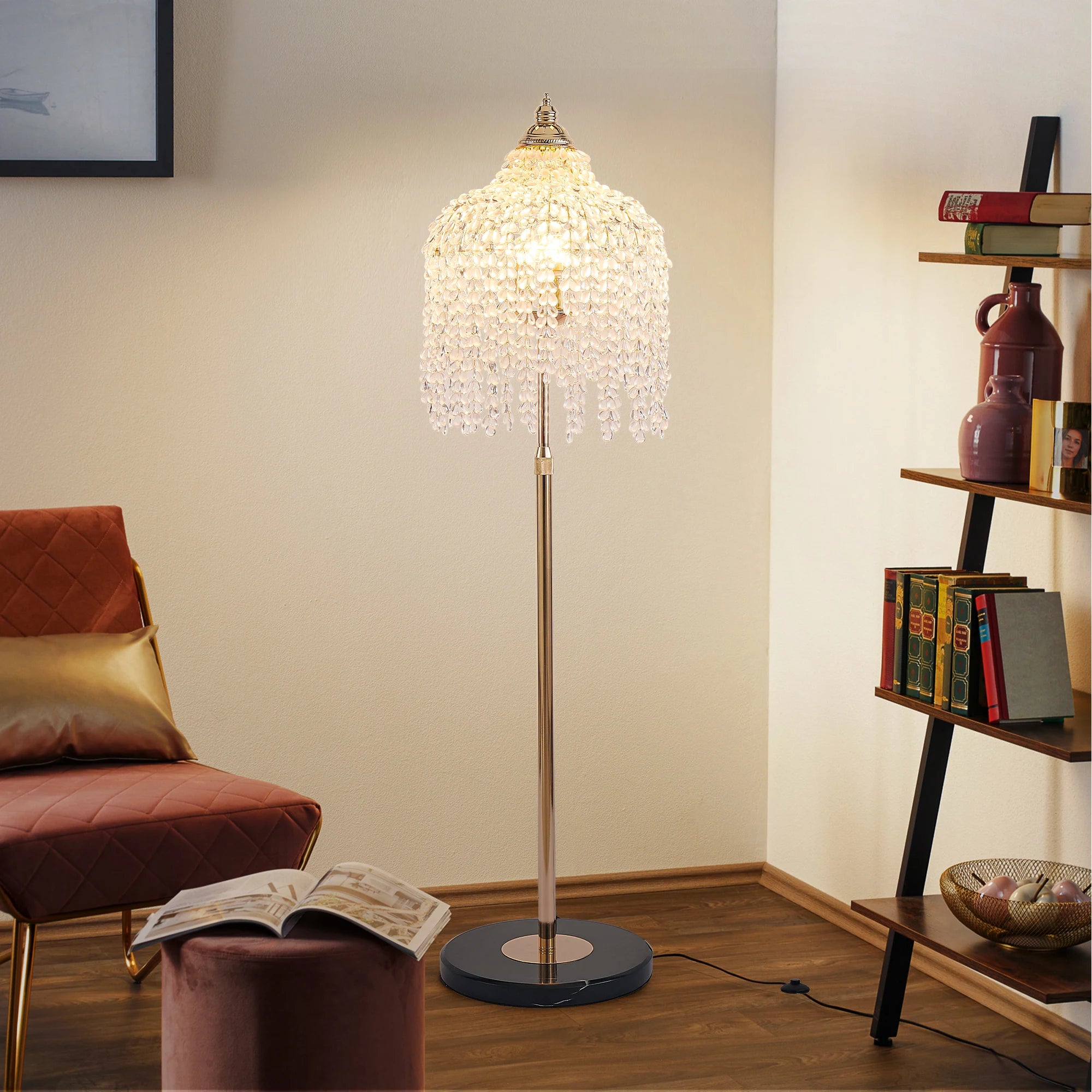 Light Gold Crystal Floor Lamp with Grape Shaped Crystal Bead String