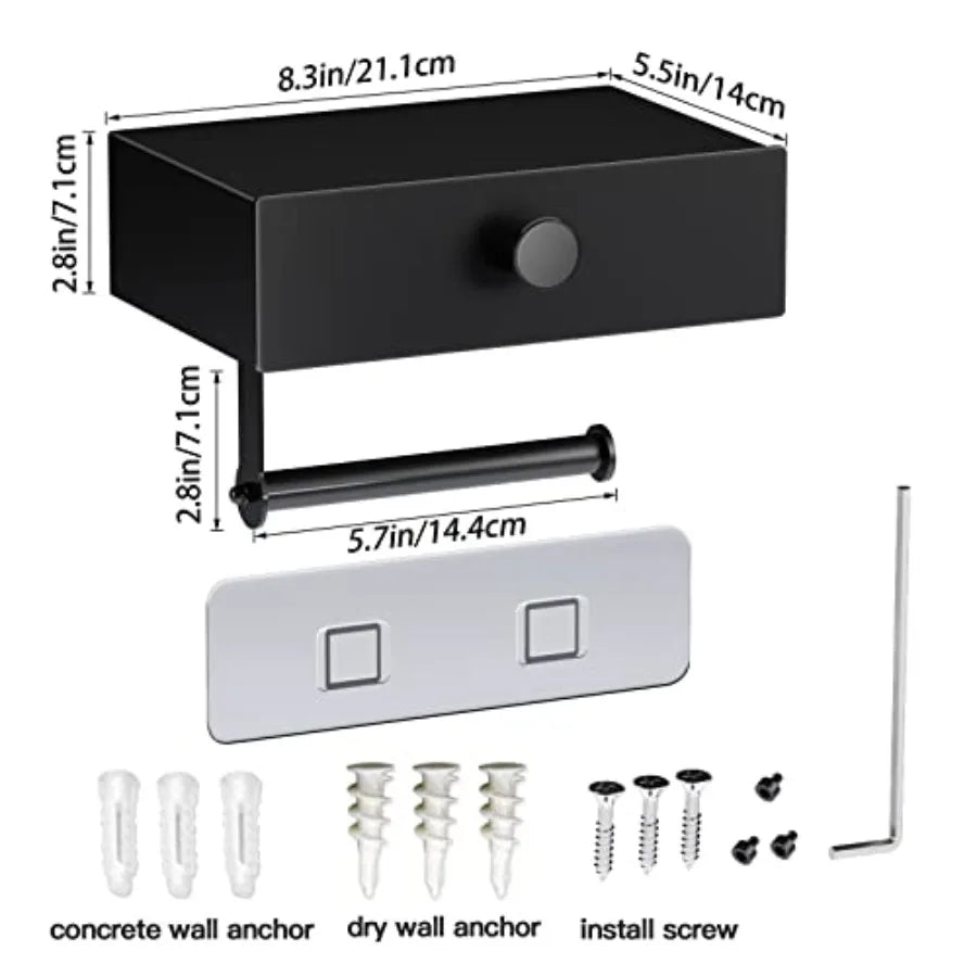 Matte Black WallMounted Toilet Paper Holder with Integrated Shelf and Storage Drawer