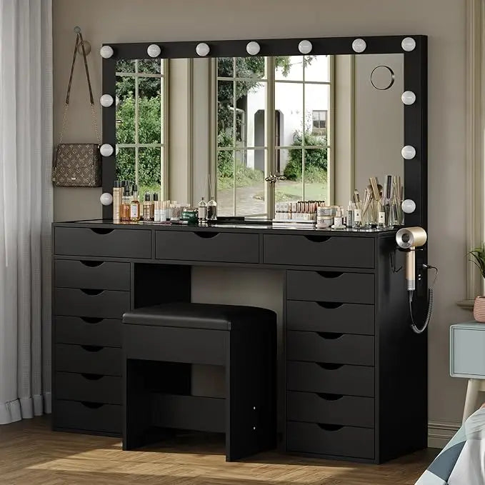 Vanity Desk with Mirror and Lights, Makeup Table with Charging Station