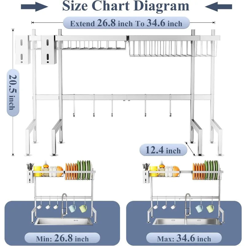 Adjustable (26.8" to 34.6") Large Dish Drainer Drying Rack
