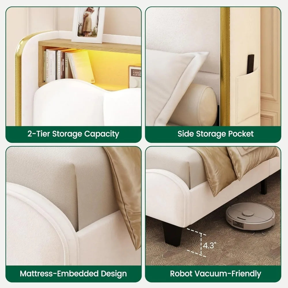 Velvet Upholstered  Bed Frame with LED Lights and Charging Station