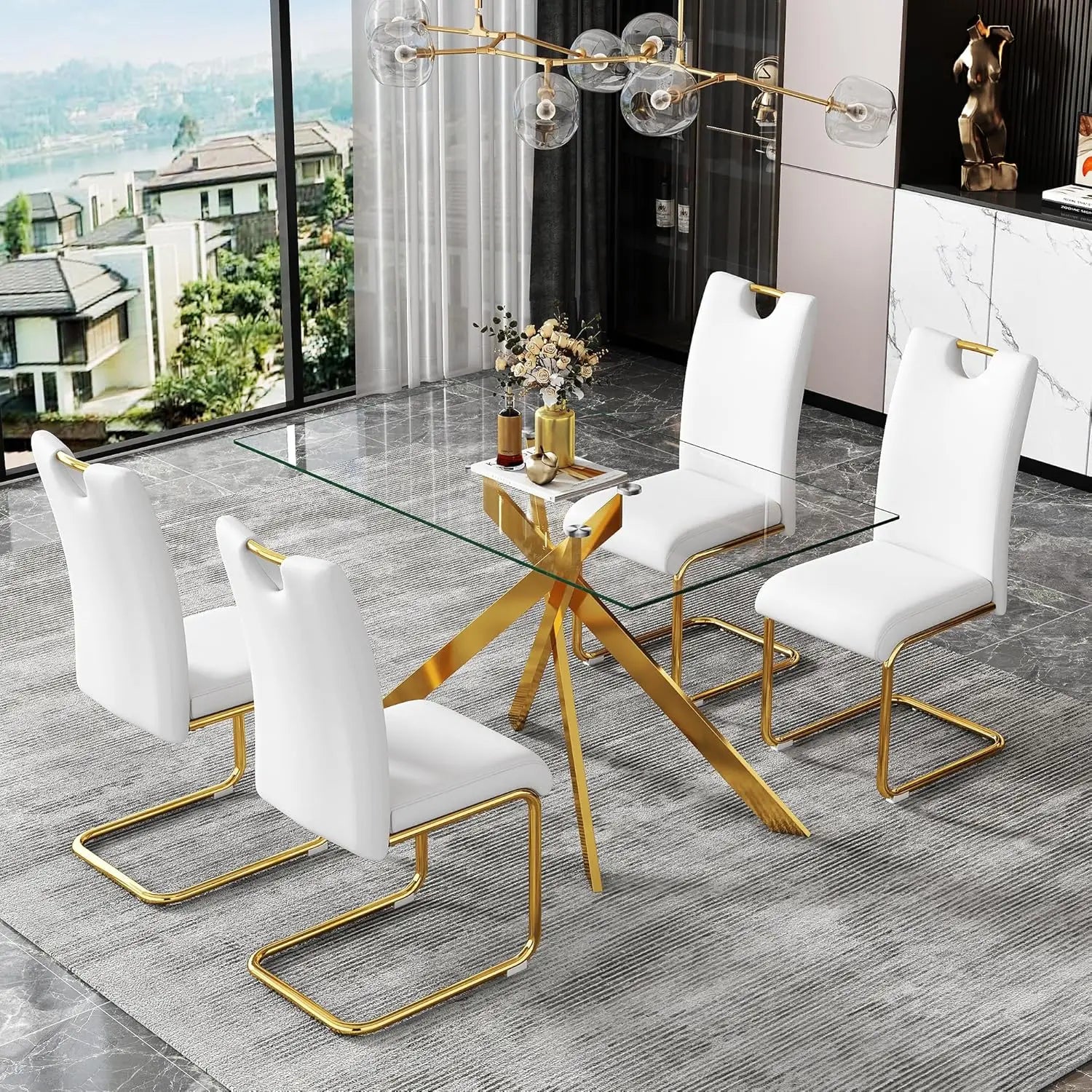 Rectangular Tempered Glass Dining Table with Metal Legs