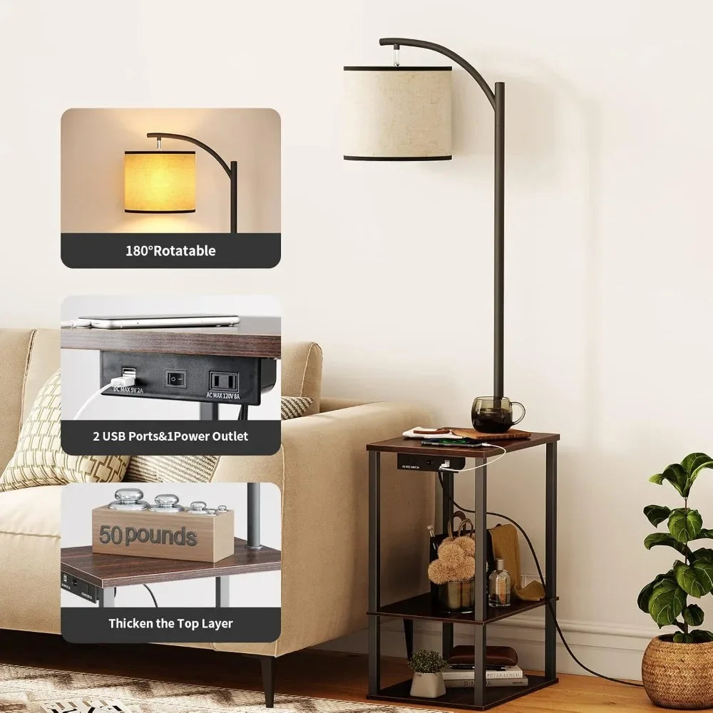 Customizable-Floor Lamp With Table, End Table With Lamp, Shelves, Charging Station(USB & AC Port), 3-Color Temperature LED Bulb,