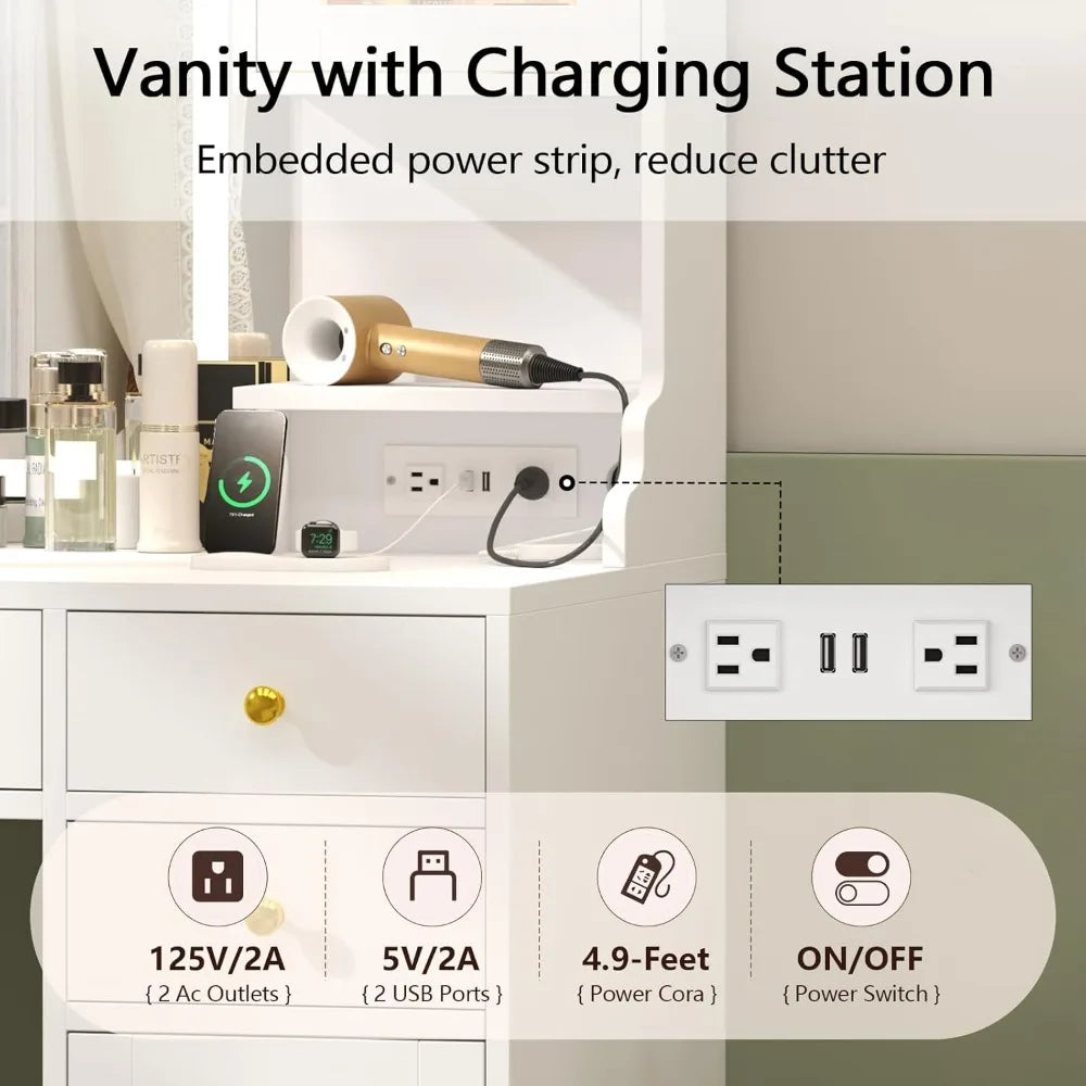 White Makeup Vanity Table with Charging Station, Mirror and Lights