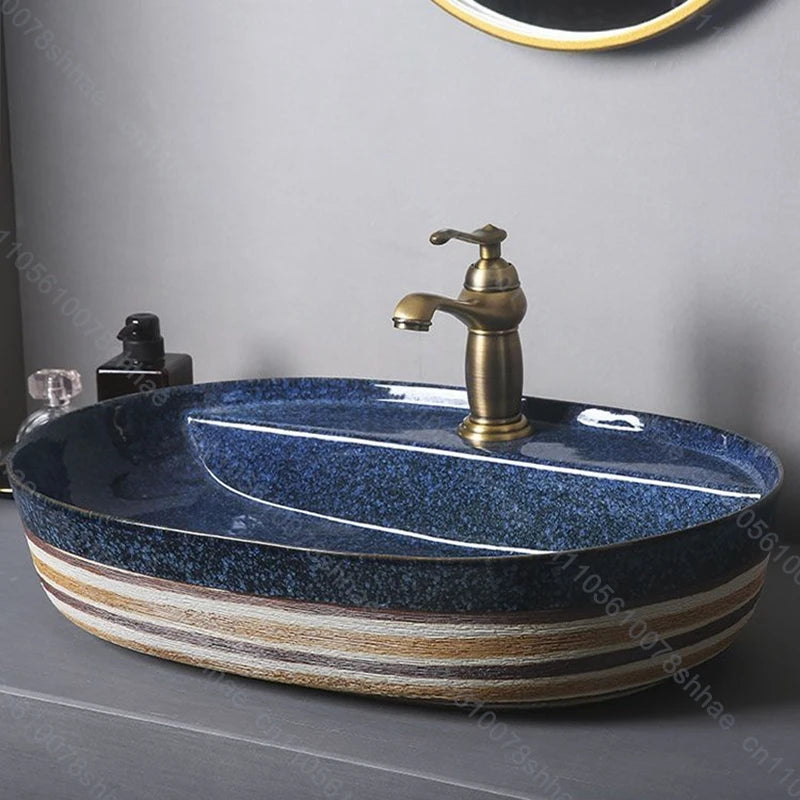 Vintage Ceramic Vessel Sink Oval Bathroom Art Countertop Basin