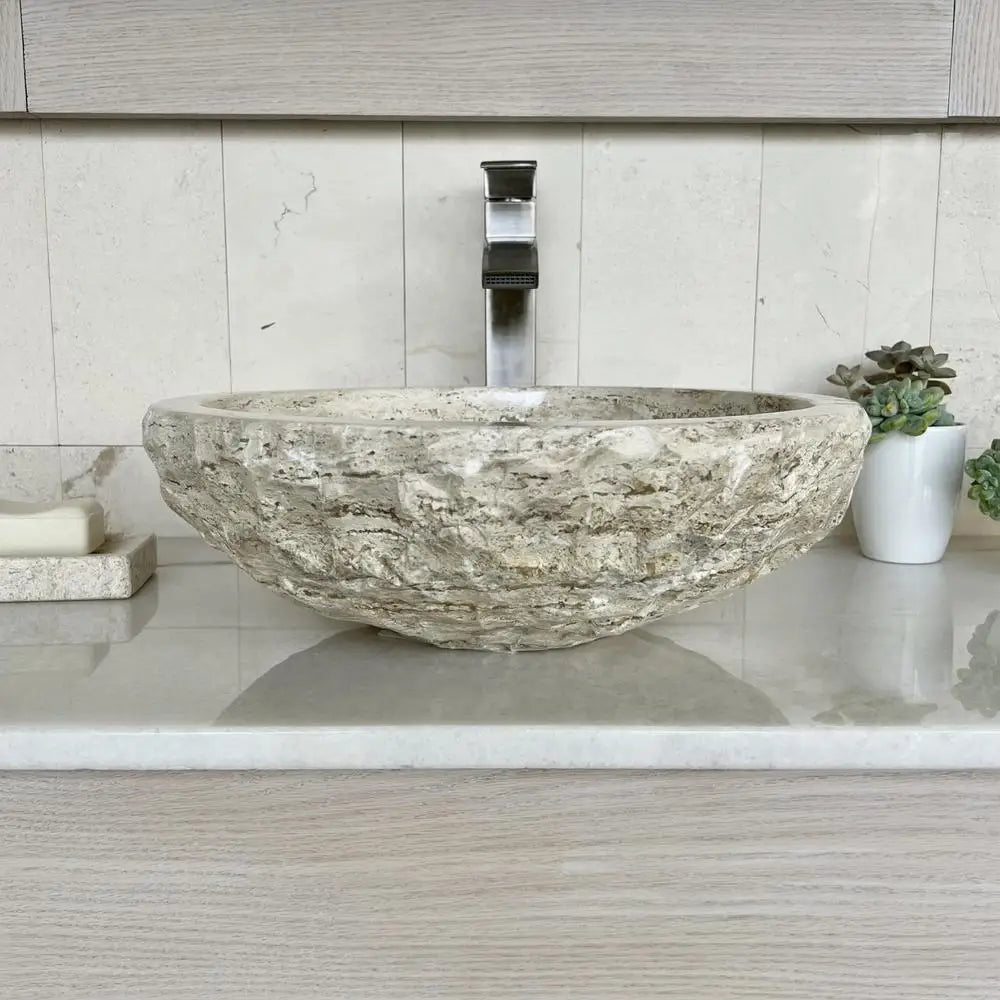 Circle Bowl Chiseled Bathroom Vessel Sink Round Shape Polished Interior Hand Carved Marble Stone 16" with Free Soap Dish