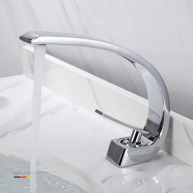 Bathroom Basin Faucet Arc Waterfall Tap Deck Mount Single Handle Single Hole Cold Hot Water Mixer Washing Sink Crane