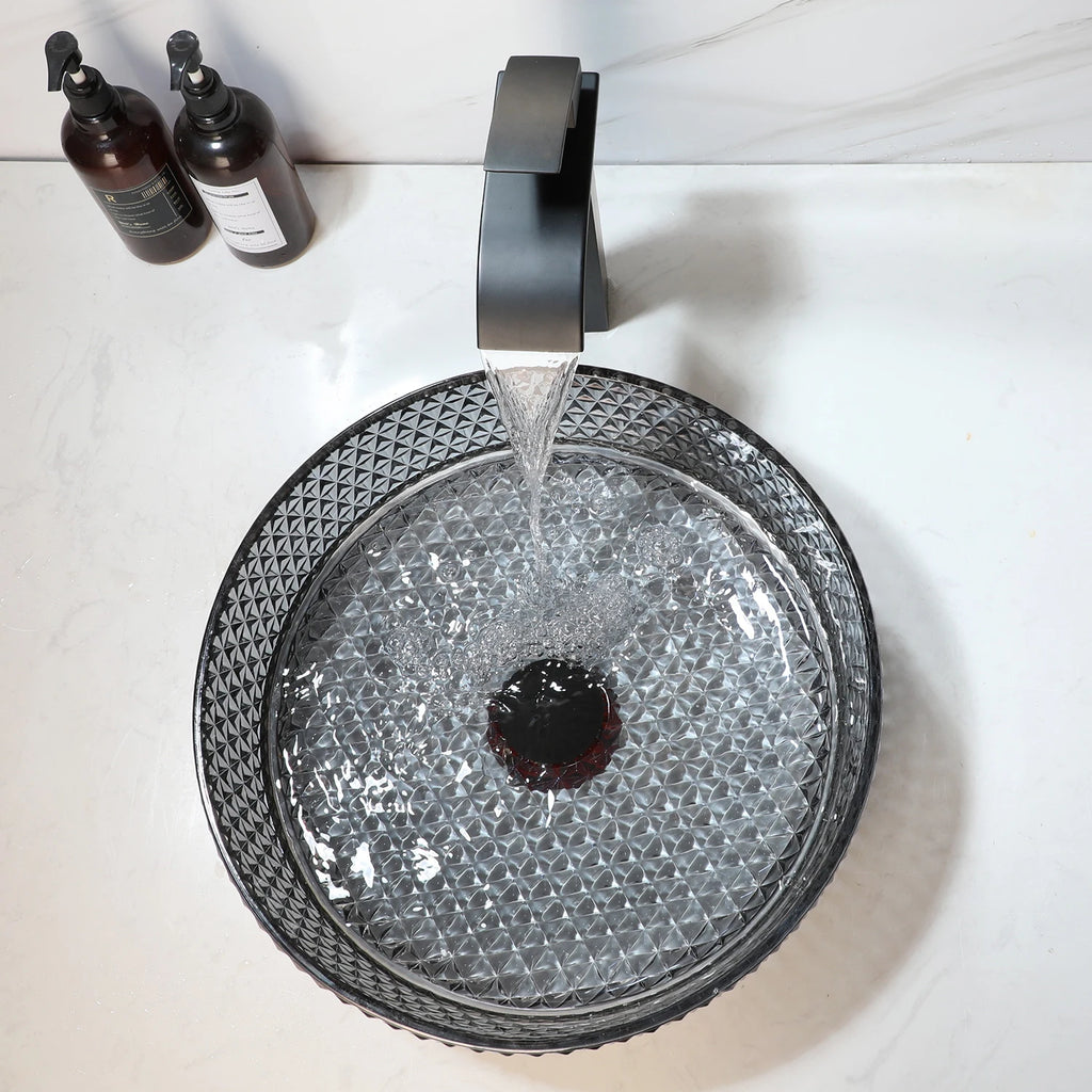 Crystal Grey Tempered Glass Basin Bowl with Faucet