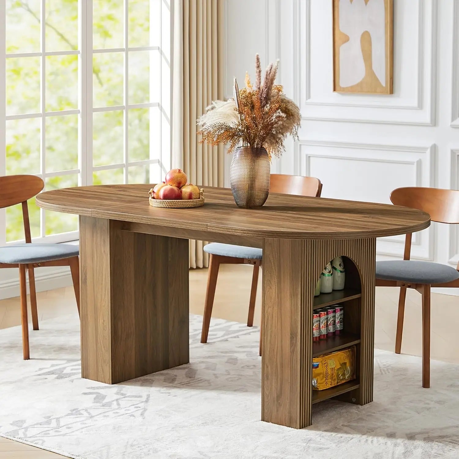 Oval Kitchen Dining Table for 4-6 People with Wood Strip Base