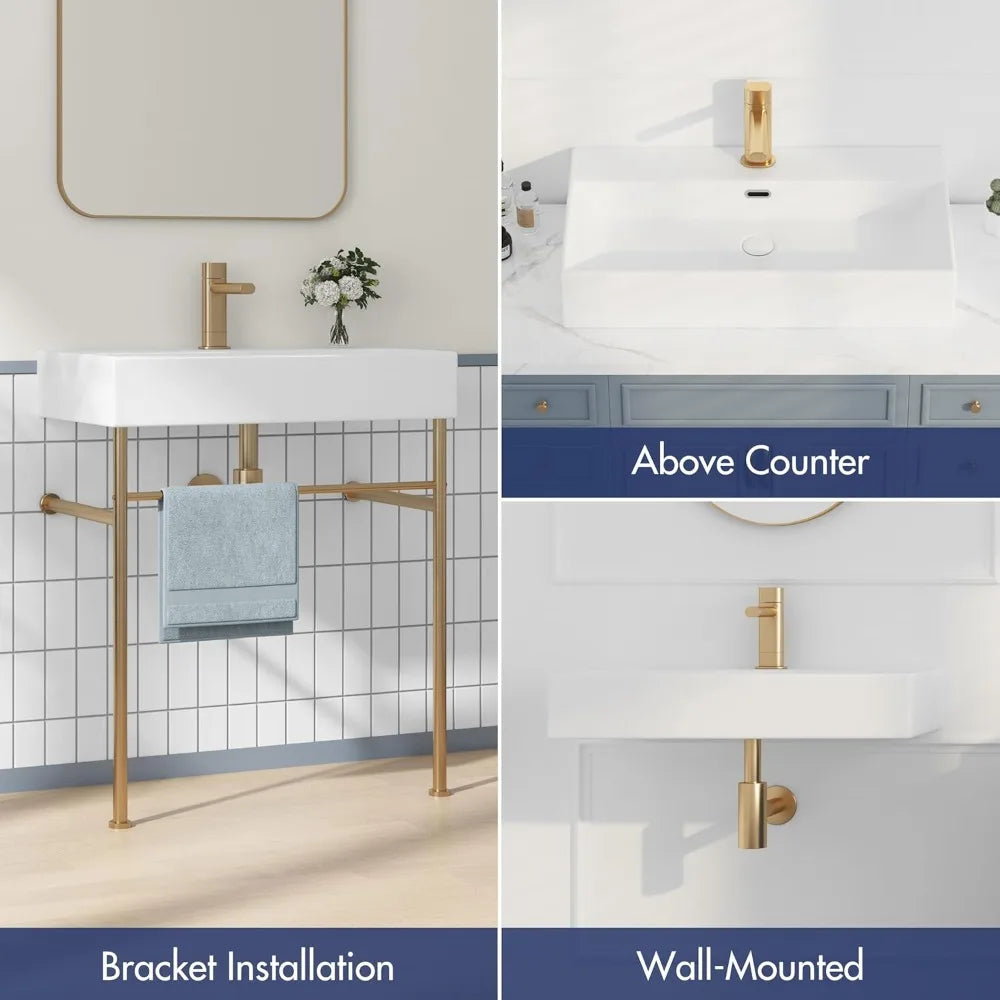 Console Bathroom Sink, Free Standing 30"x16" w/Stainless Steel Support Pedestal Legs