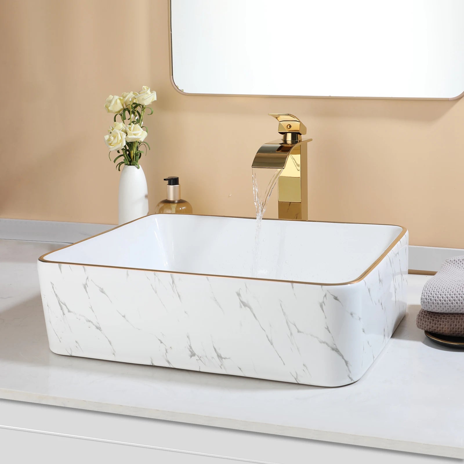 White Marbled Rectangular Ceramic Bathroom Vessel Sink with Gold Faucet