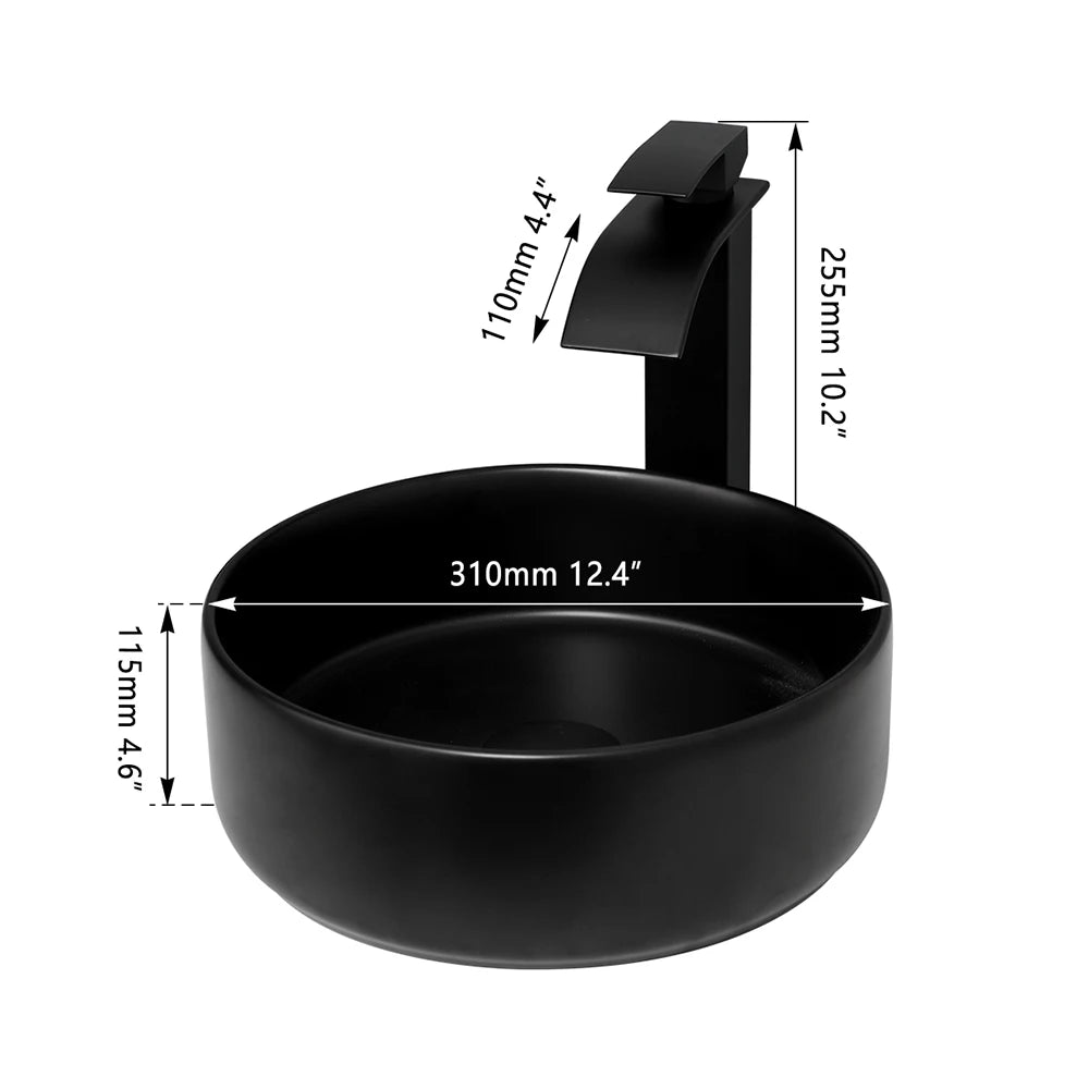 Matte Black Bathroom Ceramic Washing Bowl Sink w/Faucet Mixer Tap Set
