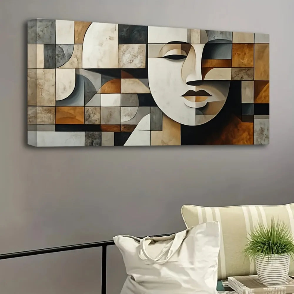 Hand-painted oil paintings in abstract geometric shapes w/1.5 inch thick pine solid wood frame