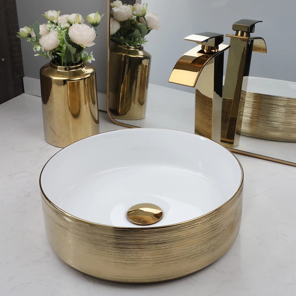 Gold Round Vessel Sink with Faucet (13.6x11.6”)