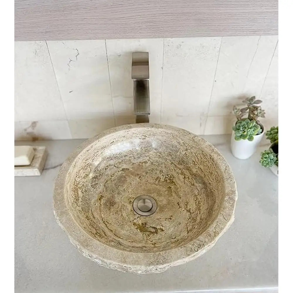 Circle Bowl Chiseled Bathroom Vessel Sink Round Shape Polished Interior Hand Carved Marble Stone 16" with Free Soap Dish