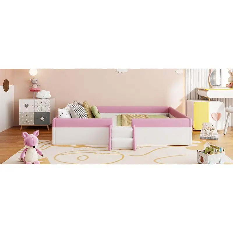 King Size Upholstered Daybed Frame with Fence & Stairs