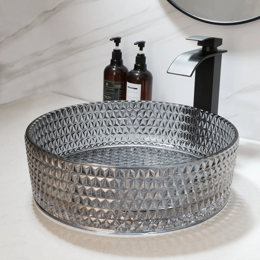 Crystal Grey Tempered Glass Basin Bowl with Faucet
