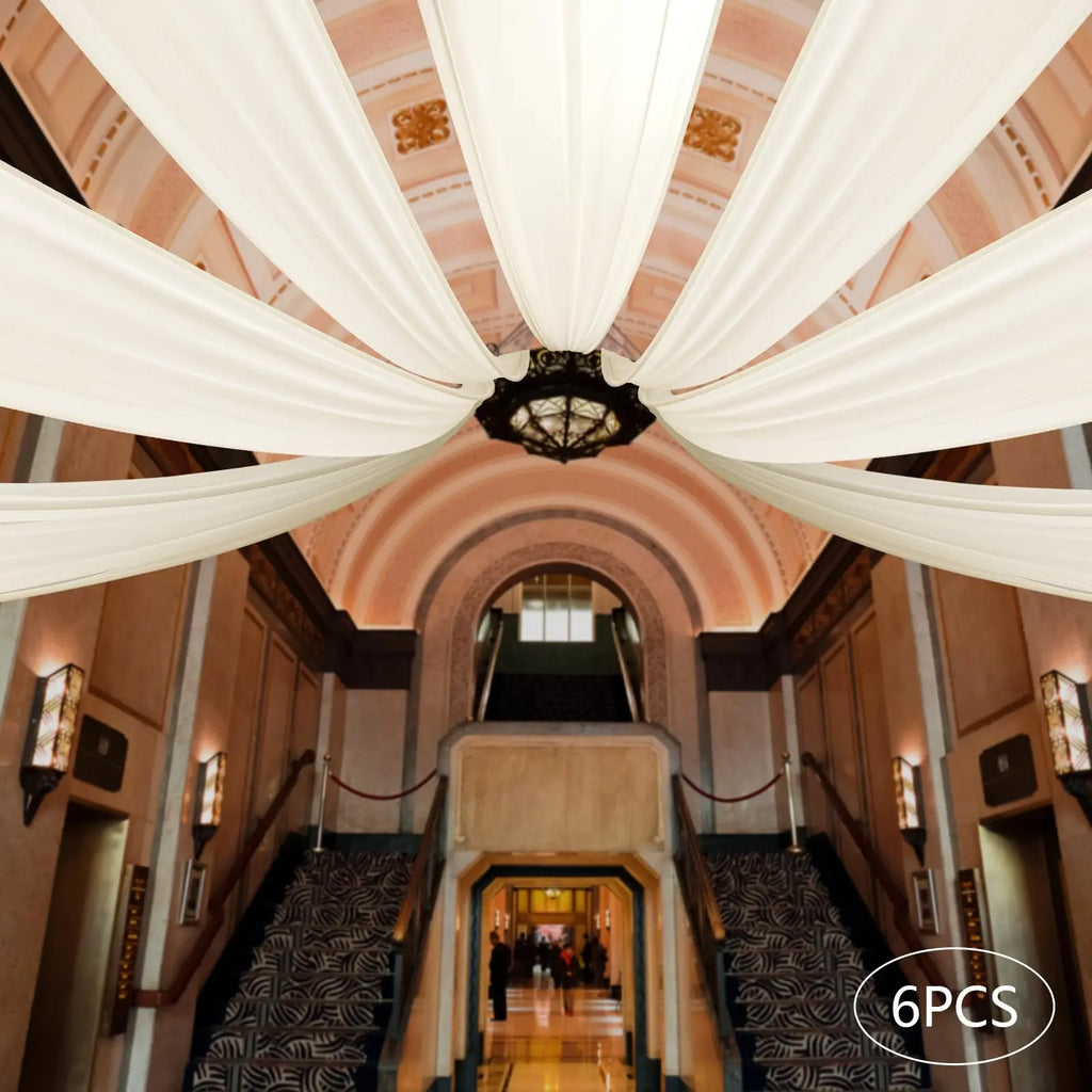 6 Panels Beige Ceiling Drapes, 5 ft X 30 ft Chiffon Draping