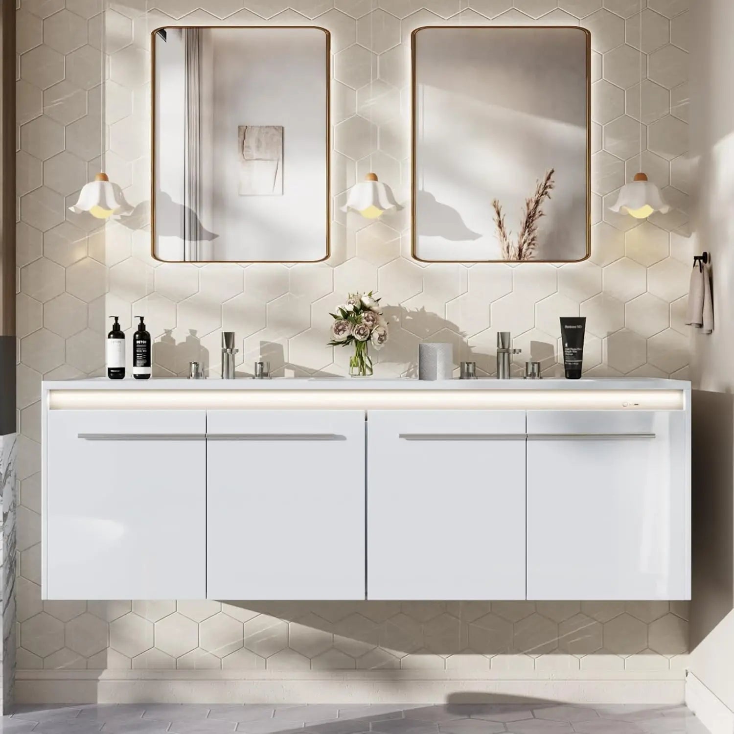 Floating LED Bathroom Double Vanity with Sink Combo