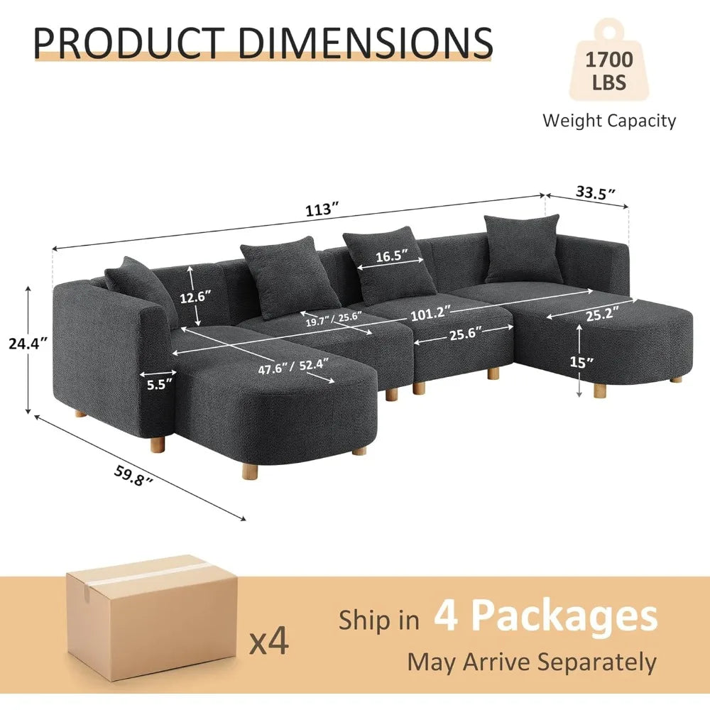 113" Sectional Sofa with 4 Pillows