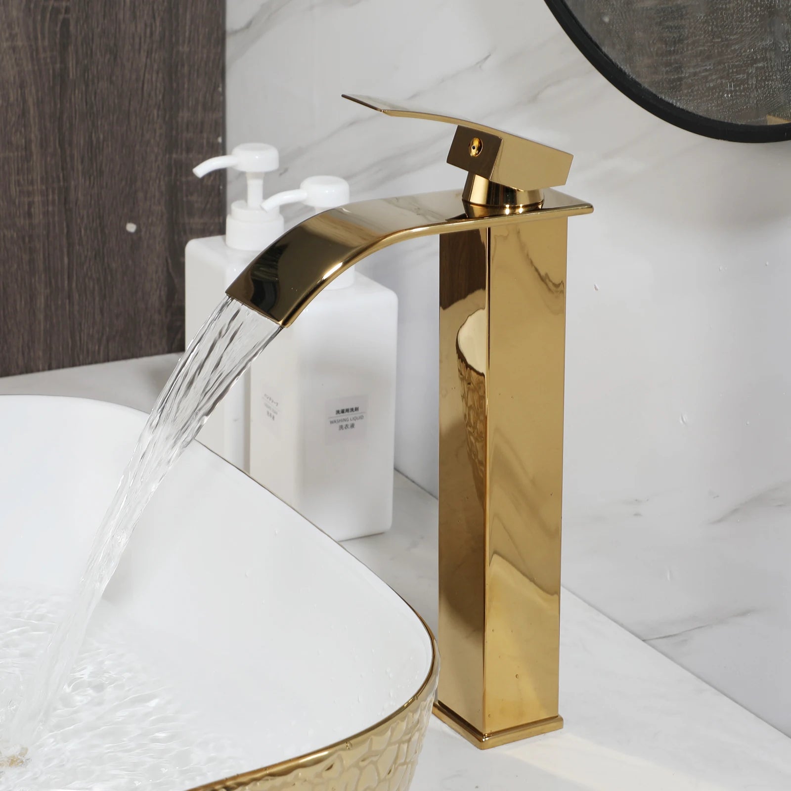Gold&White Ceramic Vessel Sink Above Counter with Faucet and Drain Combo