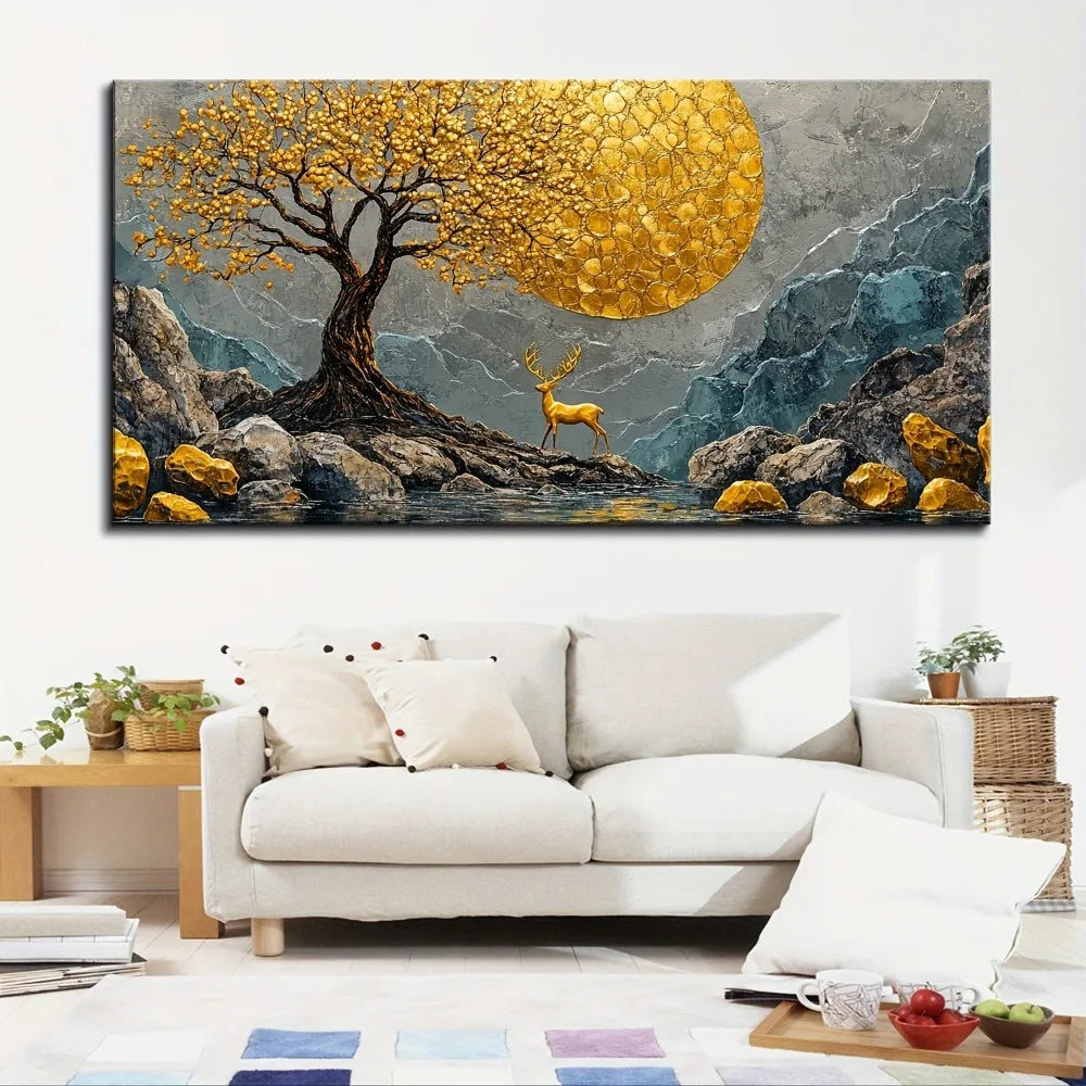 Abstract Yellow Tree Stone pPainting w/1.5 inch thick pine solid wood frame