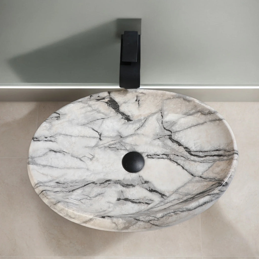 White Marbling Rectangle Bathroom Vessel Sink with Waterfall Faucet