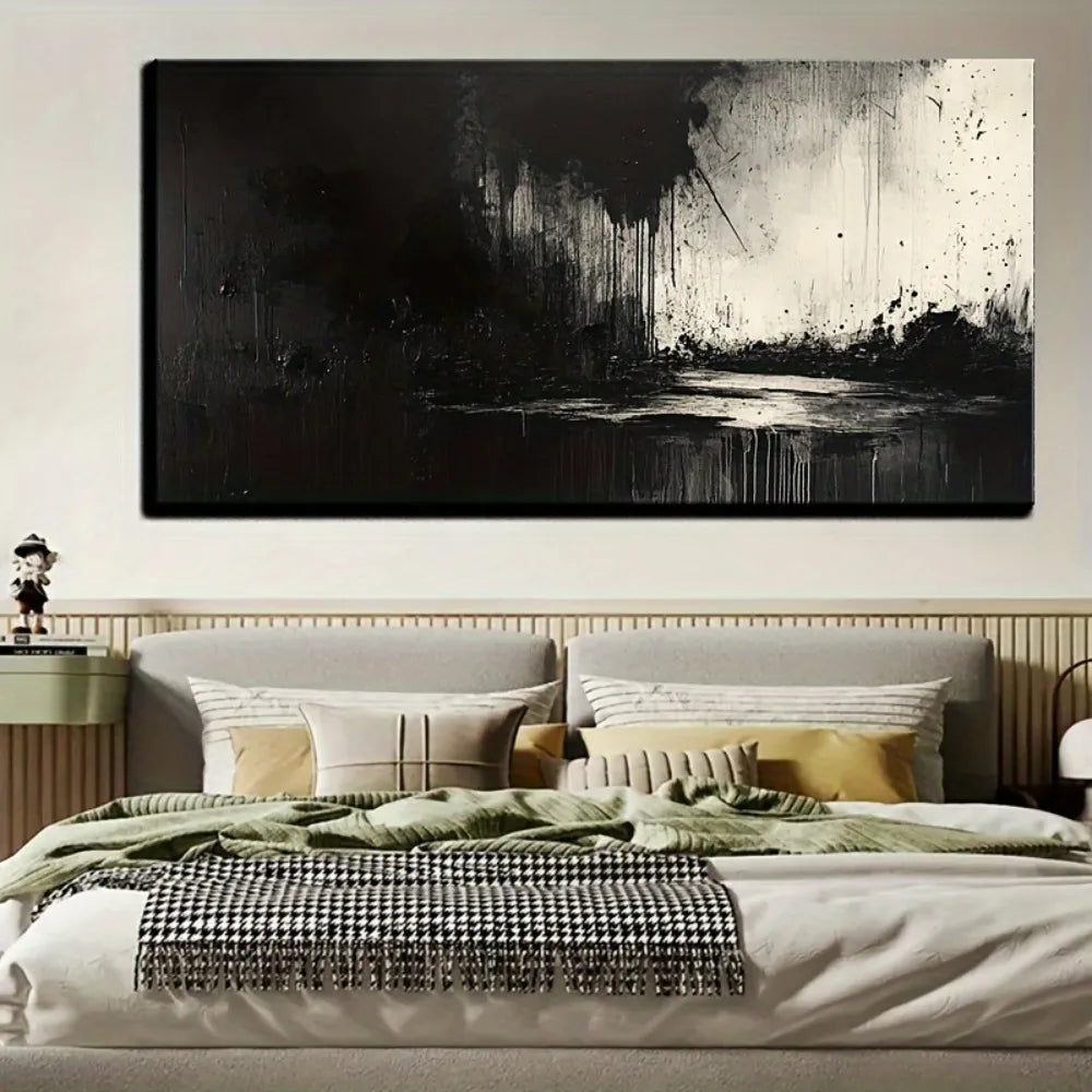 Large Black and Grey Abstract Canvas Wall Art w/pine solid wood frame